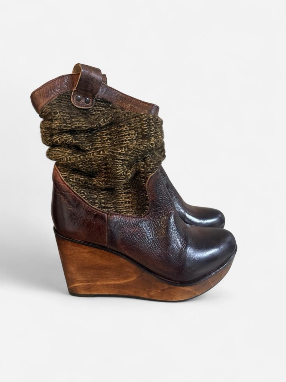 Bed Stu Dark Brown Leather Wedge Ankle Boots with Knit Shaft
